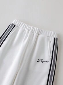 PrepCrw Young Girls Loose Elastic Waist Letter Embroidered Decor Wide Leg Pants, Spring/Summer - White - View 7