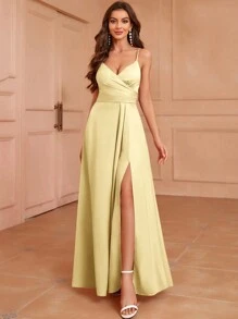 SHEIN Belle 前褶、侧开衩伴娘礼服（成人尺码） - 芥末黃 - 查看 5