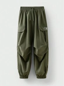 Back-To-School Tween Boy Olive Green Baggy Cargo Pants,Summer School Casual Elastic Waist 3M Reflective Letter Print Loose Wide Leg Jogger Pants - Army Green - View 6
