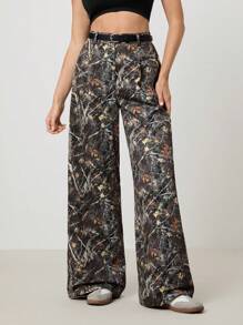 SHEIN Tall Y2K 复古街头时尚枯树迷彩印花女式阔腿裤（配腰带） - 軍綠色 - 查看 6