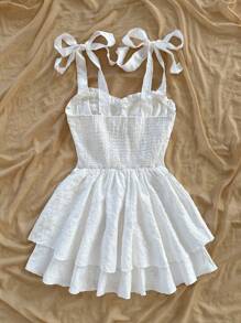 Soleia Women Elegant Solid Color Jacquard Slip Dress - White - View 2