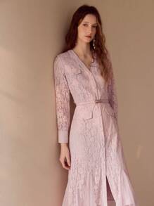 MOTF PREMIUM VESTIDO CORTE SESGADO DE CONTRASTE DE ENCAJE Y MALLA - Rosa - Ver 5