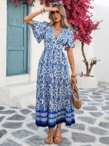 Breezaya Women's Spring/Summer Boho French Commuter Casual Vacation Blue & White Floral Prints V-Neck Waist Ruffle Hem Flare Sleeve Dress - Blue - View 1
