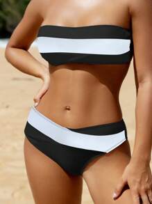 Swim Vcay Color Block Two-Piece Bikini Swimwear Set For Beach Summer Vacation