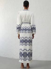 Aveloria Modichic Elegant Vacation Style Blue & White Porcelain Print Lantern Sleeve Wrap Waist Design Long Sleeve Dress For Women - Multicolor - View 3