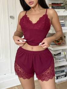 Sexy Lace Panel Women Sleepwear Pajama Set Cozy And Elegant Details, Fall Winter Clothes - Burgundy - View 3