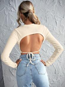 Firerie Women Solid Crew Neck Long Sleeve Cut-Out Back T-Shirt