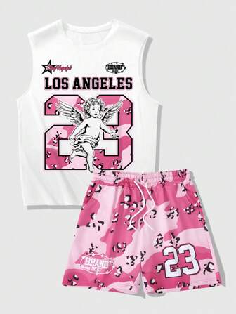 Prep Men's Jersey Letter Angel Print Crew Neck Top And Shorts 2 Pieces Set