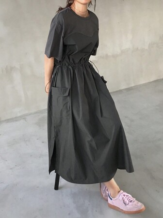 FRIFUL Women's Loose Fit Color Block Waist Pocket Patchwork Round Neck Mid-Length Dress Sundress