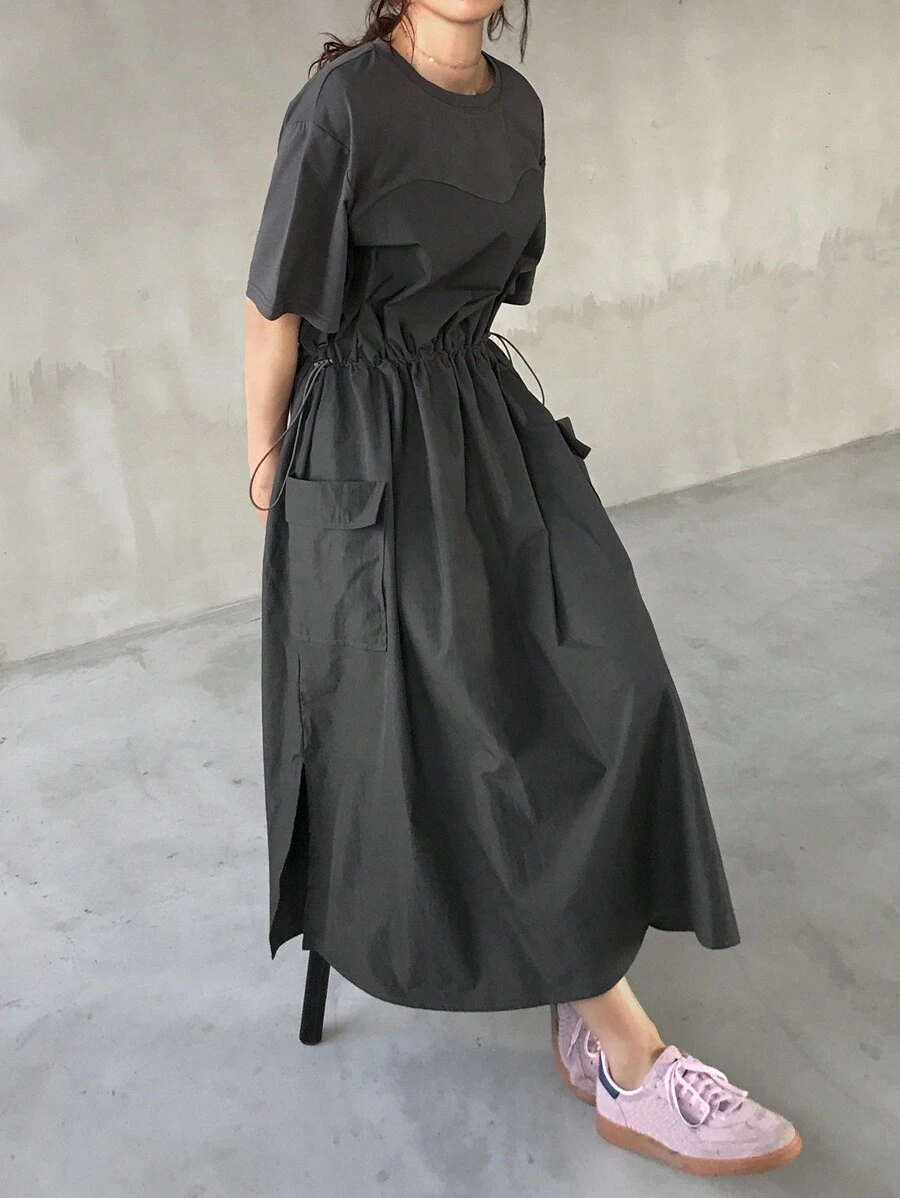 FRIFUL Women's Loose Fit Color Block Waist Pocket Patchwork Round Neck Mid-Length Dress Sundress - Grey - View 1