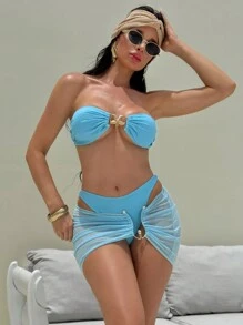 Swim SXY 3-Piece Spring Break Set: Solid Color Bandeau Sexy And Elegant Holiday Bikini, Paired With Starfish Metal Accessory, Mesh Side Gather Skirt, Beach Party Women Swimwear For Summer Beach Vacation