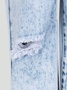 SHEIN Explorewe Young Girls' Light Blue Elastic Waist Ripped Distressed Raw Hem Simple Casual Loose Wide Leg Washed Denim Jeans, School, Campus, College - Light Wash - View 6