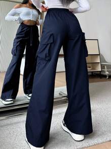 SHEIN EZwear 女士休闲纯色高腰阔腿裤宽松工装裤女士降落伞裤女士宽松裤女士海军蓝裤女士工装裤女士超大号裤子降落伞裤女士工装裤女士宽松海军蓝裤女士工装裤女士工作裤女士超大号裤子女士阔腿裤女士高腰女士工装裤 - 藏蓝色 - 查看 4