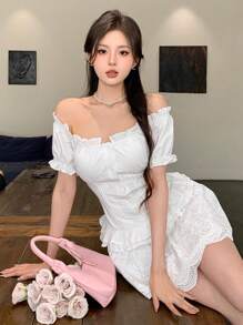 DAZY Lace Jacquard Ruffle Trim Off Shoulder Women's Dress Summer,Milkmaid Dress Sundress,Casual Women Dresses