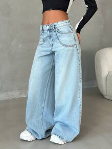 EURMUSE Low Waist Snow Wash Wideleg Jean Simple Fashion Daily Casual Jeans Wide Leg Low Rise Jeans Baggy - Medium Wash - View 7