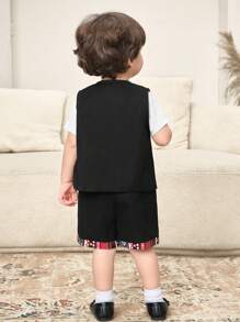 SHEIN 2pcs Baby Boy Retro Print Cardigan Vest And Shorts Set, Casual Daily Outfit, Suitable For Spring And Summer - Black - View 2