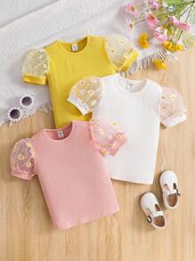 SHEIN Leap Crew 3 Piece Set: Young Girl Solid Color Knit Round Neck T-Shirt With Woven Mesh Sleeves - Multicolor - View 1