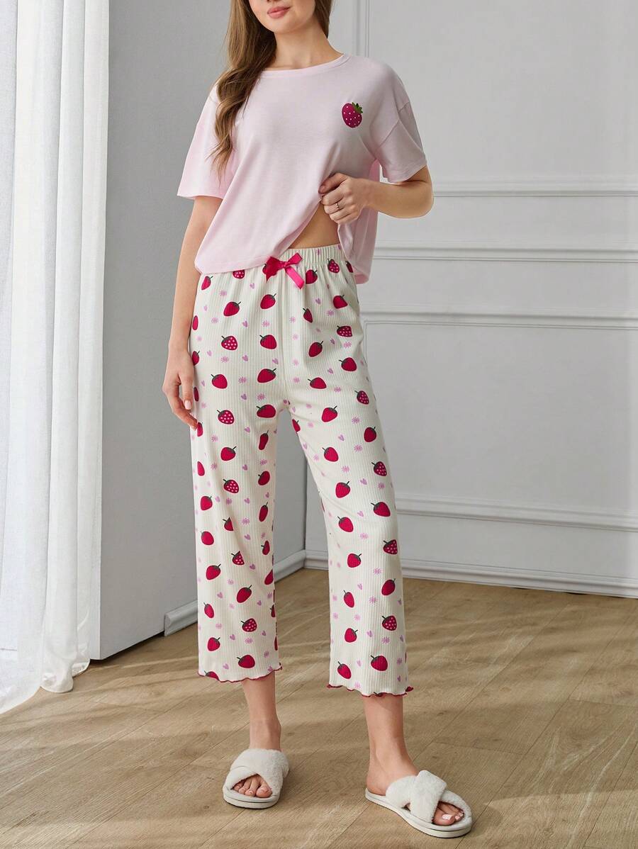 RueChic Women 2 Pcs High Quality Soft Touch Strawberry Printed Short Sleeve Shirt And Striped Fabric With Lettuce Trim Contrast Colour Strawberry Pattern PJ Set - Pink - View 1