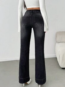 EURMUSE Casual Washed Low Waist Slim Fit Flared Jeans - Black - View 2