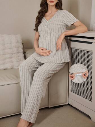 女士休闲 V 领罗纹收腰短袖连体裤、孕妇家居服