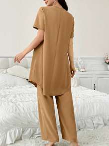 2pcs/Set Women Solid V-Neck Short Sleeve Sleepwear Top And Pants Pajama Set