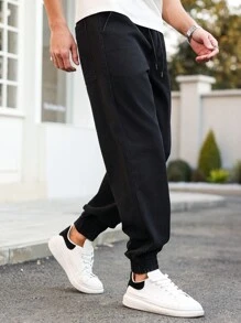 Manfinity Homme 男式纯色口袋抽绳腰部锥形牛仔裤 - 黑色 - 查看 4