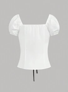 Girlism 少女撞色蝴蝶结蕾丝边泡泡袖修身白色衬衫，适合春夏季度假、海滩、度假 - 白色 - 查看 2