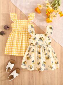 SHEIN Vintaside Kids Ensemble de 2 pièces de robe d'été adorable pour bébé fille imprimé jaune et abeille avec manches courtes - Ensemble de 2 pièces de robes d'été pour tout-petits imprimé jaune et abeille avec manches courtes