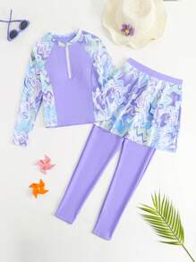 2pcs/Set Girls Tankini With Long Sleeve Top & Patterned Pants, Outfit - Multicolor - View 3
