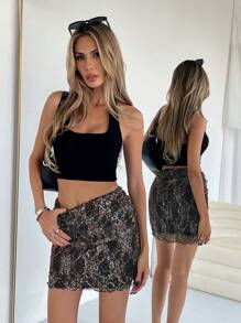 SHEIN Essnce Rave Outfits Festival Leopard Summer Skirts Women Leopard Print Frill Hem Mini Skirt - Black - View 1