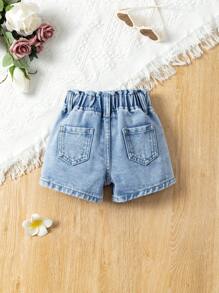 Shorts vaqueros informales de corte casual con cintura elástica y estampado floral en azul claro para bebé niña - Azul lavado medio - Ver 2