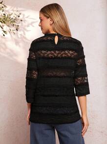 SHEIN Clasi Women's Fashionable Lace Blouse With Small Stand Collar & Short Sleeves - Black - View 2