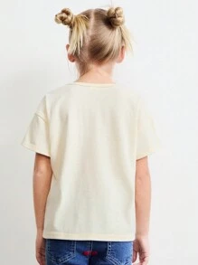 SHEIN Young Girls' Oversized Crew Neck Bow & Heart Print Pullover T-Shirt, Loose Fit, For Valentine's Day, Spring - Beige - View 2