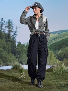 In My Nature Women's Casual Loose Striped Outdoor Shirt - Black - View 6