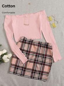 SHEIN Essnce 一字肩木耳邊T恤&格紋裙子套裝 - 淺粉色 - 查看 5