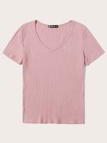 SHEIN Essnce v領羅紋針織上衣 - 粉色 - 查看 3