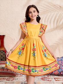 Tween Girls Floral Print Cap Sleeve Dress, Spring/Summer,Holiday Summer Travel - Yellow - View 1