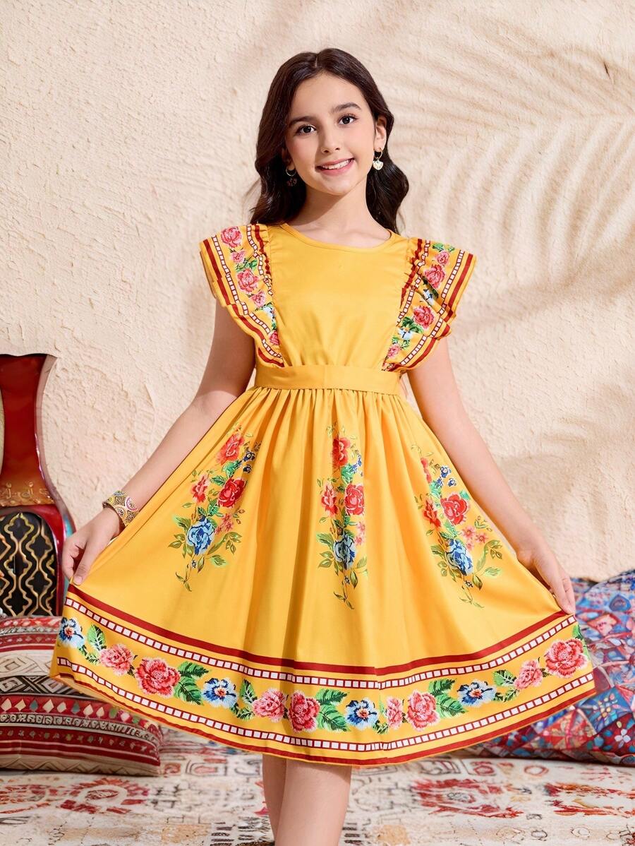 Tween Girls Floral Print Cap Sleeve Dress, Spring/Summer,Holiday Summer Travel - Yellow - View 1