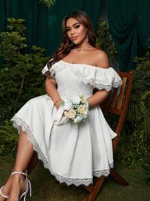 SHEIN Belle 大码露肩蕾丝边收腰 A 字裙，适合度假、约会、聚会 - 白色 - 查看 1