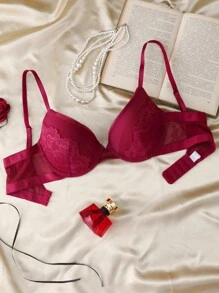 Women's Solid Color Lace Trim High Support Underwire Lingerie Bra - Burgundy - View 6