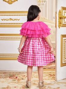 SHEIN 2 Pieces Set: Woven Plaid Sleeveless Dress And Mesh Cardigan For Young Girls - Hot Pink - View 2