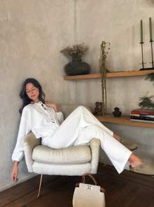 ZIRRA Women's Vacation Casual Solid Color Tie-Up Shirt And Pants 2 Pieces Set - White - View 6