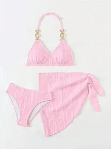 SHEIN Tween Girl Solid Color Halter Bikini Set With Coverup & Mini Skirt - Pink - View 5