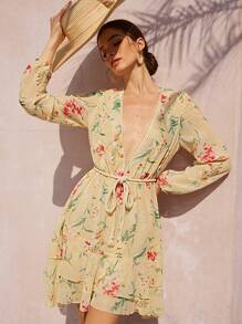 Aveloria Rosie Vestido corto de mujer de estilo boho, vacacional y de moda con estampado todo sobre, de cuello en V, mangas largas, cintura con lazo y estilo retro romántico elegante con estampado floral diminuto de gasa