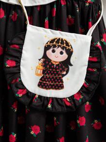 SHEIN رمضان فستان جيرزي منقوش بنمط زهري لفتاة شابة، مزين بطوق وكسرات على الذيل، مريح للخروجات مع حزمة إكسسوارات ، مناسب للاحتفالات المحلية - الأسود - مشاهدة 3