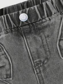 SHEIN Casuvi Kids Girls Young Girl Casual All-Match Versatile Cute Bow Jacquard Pocket Loose Straight Washed Denim Jeans, Comfortable For Daily Wear, School, Campus, College Summer Holiday - Black - View 7