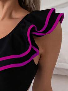 SHEIN Swim 1pc Women's Ruffled Edge One Shoulder One Piece Swimsuit, For Summer Beach Vacation - Black - View 3