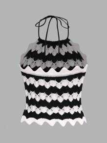 SHEIN Unity Women Contrast Color Striped Backless Halter Knit Top - Apricot - View 2