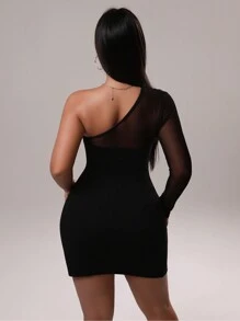BamGleam Sexy schwarzes Minikleid mit schräger Schulter, Mesh-Einsätzen, Rüschensaum und Schlitz für Frauen - Schwarz - Übersicht 2