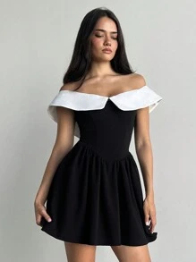 Aloruh Women's Sexy Elegant Black & White Patchwork Bow Front Contrast Color Off The Shoulder A-Line Bodycon Party Cocktail Dress - Black - View 3
